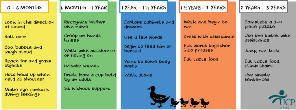 Milestones for children from birth to the age of three years.